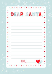 A letter to Santa Claus template. Cartoon Christmas wish list with cute funny alphabet in ugly sweater pattern style, with snowflakes. Vector illustration. Vertical orientation. Dear Santa Claus.