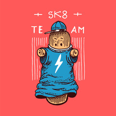 Skateboard character Label for typography. Vintage retro ride on the boards concept. Template for t-shirt and logo. Hand Drawn engraved sketch for shop, skate club or tattoo.