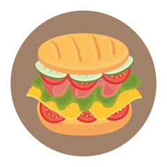 delicious sandwich in frame circular, on white background