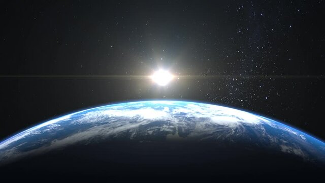 Sunrise over the Earth. View from space. The earth rotates towards the sun. The camera moves away. Realistic atmosphere. Volumetric clouds. Starry sky. 4K. 3D animation. Stars twinkle.