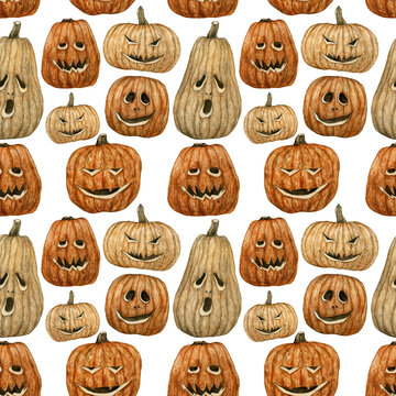 Watercolor hand painted seamless pattern with Halloween pumpkins on white