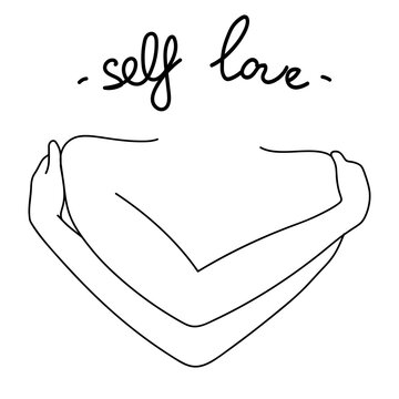 Love Yourself First. Self Love Vector Minimalist Line Illustration. Hugging Hands With Heart On Isolated White Background