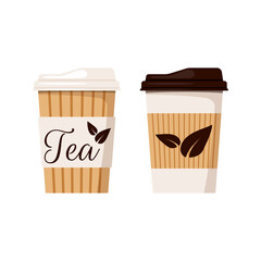 Tea cup with cap icon set isolated on white background. Front view, designed tea leaves, disposable kraft brown, white paper flat cartoon style vector illustration. Clip art take away drink packaging.