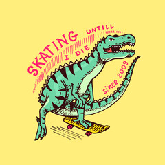 Dinosaur on a skateboard label for typography. Vintage retro Dino. Template for t-shirt and logo. Hand Drawn engraved sketch for shop, skate club or tattoo.