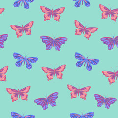 Fototapeta na wymiar Seamless vector pattern of butterfly. Decoration print for wrapping, wallpaper, fabric, textile. Spring background