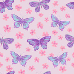 Fototapeta na wymiar Seamless vector pattern with butterfly and sakura flowers. Decoration print for wrapping, wallpaper, fabric, textile. Spring background.