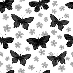 Monochrome seamless vector pattern with butterflies and sakura flowers. Suitable for packaging, fabrics, wallpapers and simple colorings. 