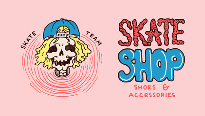 Skeleton in a cap. Skateboard label for typography. Vintage retro Ride on the boards concept. Template for t-shirt and logo. Hand Drawn engraved sketch for shop, skate club or tattoo.