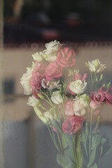 Pink roses flowers on the window