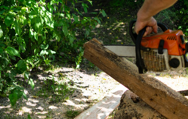 Sawed logs along a chainsaw. Chainsaw and hands are blurred.