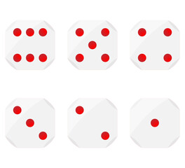 Set of dices, with curved edges and red dots for representing numbers, vector