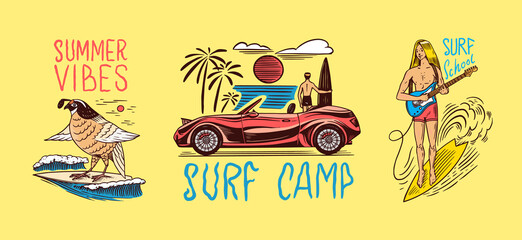  Surf badge, Vintage Surfer logo. Retro Wave, Man on the surfboard, car and sea and bird. Engraved emblem hand drawn. Banner or poster. Sports in Hawaii.
