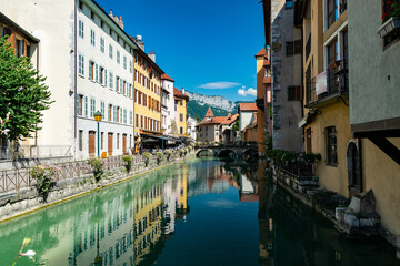 Urban landscape river,buildings and architecture of Annecy old town.Annecy is a large French city in the department Haute-Savoie on the river le Thiou and lake Annecy.