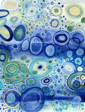 Abstract watercolor painting with little amebas in blue colors