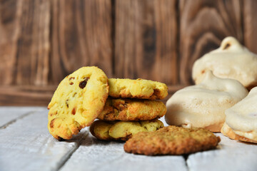 Home made French cake meringue and pile of delicious cookies