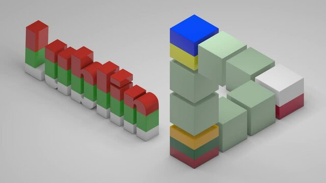 3D animation of an impossible triangle with the flags of Poland, Ukraine and Lithuania at the base. Text Lublin on a white background. The idea of creating an economic Union is the Lublin triangle.