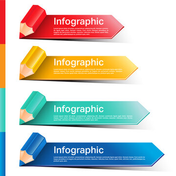 Modern infographic template with pencil and colorful paper arrow stickers. Vector illustration.