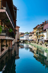 Fototapeta na wymiar Urban landscape river,buildings and architecture of Annecy old town.Annecy is a large French city in the department Haute-Savoie on the river le Thiou and lake Annecy.