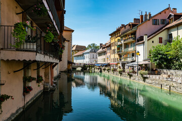 Urban landscape river,buildings and architecture of Annecy old town.Annecy is a large French city in the department Haute-Savoie on the river le Thiou and lake Annecy.