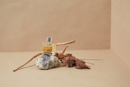Earthy perfume still life product setup