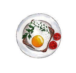 A plate with a sandwich and tomatoes on a white background. The view from the top