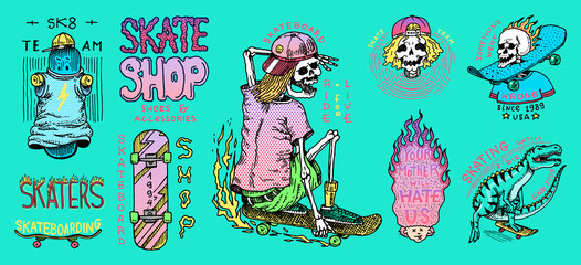 Skateboard shop badges set. Dinosaur and skeletons ride on the boards concept. Fiery head and skull. Vintage retro labels for t-shirts and typography. Hand Drawn engraved sketch. - obrazy, fototapety, plakaty