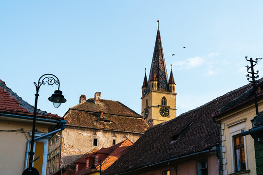 Selective focus. Tower Of The Clock of a Romanian City called Sibius