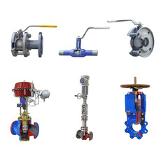 six modern shut-off valves with automatic and manual control for a gas pipeline isolated on a white background. Lengthwise cut