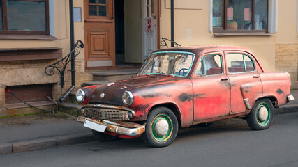 Saint Petersburg, Russia - July 24, 2020 - Old passenger car on the street of the Russian city
