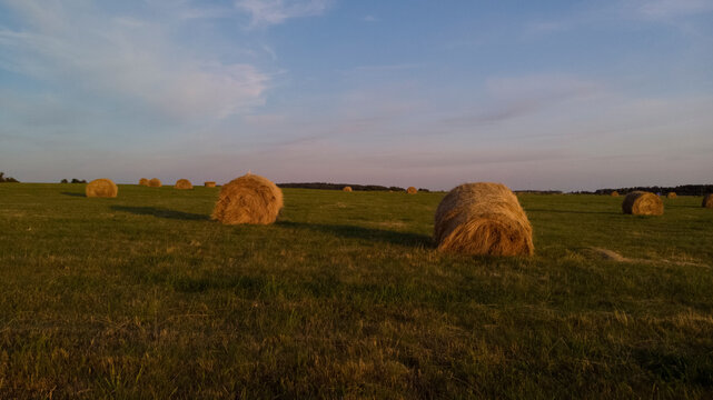 Big dry haystack ready for loading on field