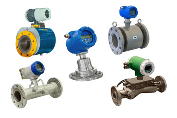 five modern industrial gas meter high precision digital isolated on white background