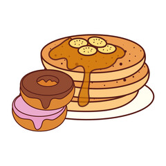 delicious pancake with donuts, on white background