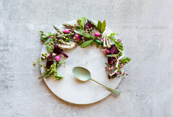 Arrangement of seasonal foods on a marble platter