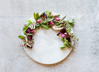 Arrangement of seasonal foods on a marble platter