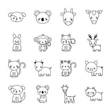 Cute animals cartoons line style collections icons design, zoo life nature and character theme Vector illustration