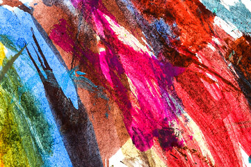 Abstract texture of multi-colored gouache. Closeup of paint strokes on a white paper.