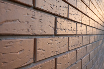 A look at the perspective of a pink brick wall. On the far right, the wall is illuminated by the sun. Texture.