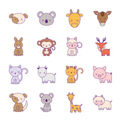 Cute animals cartoons line and fill style collections icons design, zoo life nature and character theme Vector illustration
