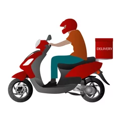 Foto op Plexiglas Food delivery man or courier is riding red scooter. Motor bike. Colorful illustration. Stock vector illustration on white isolated background. © Игорь Жуков