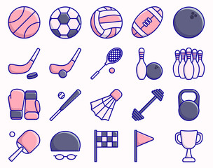 Vector illustration set of icons of sports accessories of different types. Flat style sports equipment.