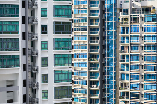 Colourful multistory urban apartment buildings