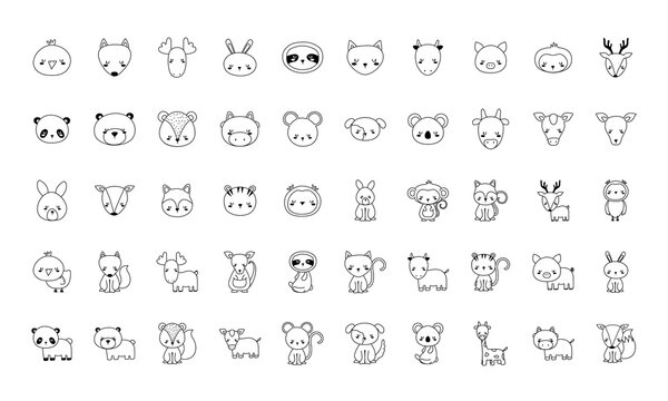 Cute animals cartoons line style 50 icon set design, zoo life nature and character theme Vector illustration