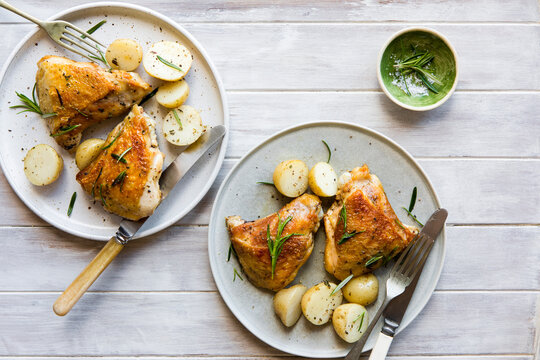 Roast garlic chicken and potato with rosemary