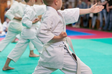 Kids training on karate-do.  Photo without faces. Photo without faces.Simulating the grain of film photography. © Uladzimir