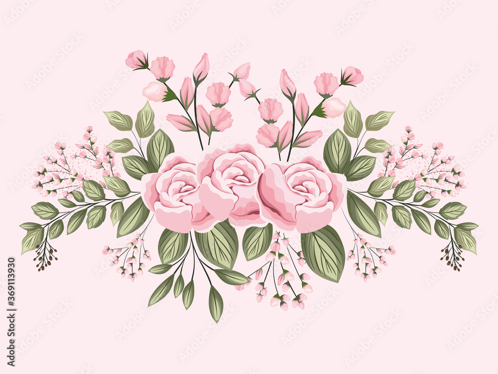 Poster pink rose flowers with leaves painting design, natural floral nature plant ornament garden decoratio