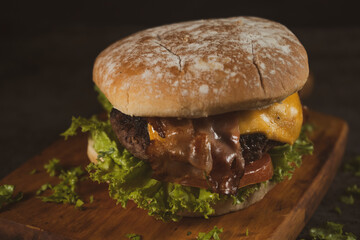 Tasty burger on rustic background