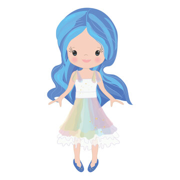 Vector Illustration Beautiful Cute Little Girl. Elegant adorable girl with long hair in a multi-colored dress.