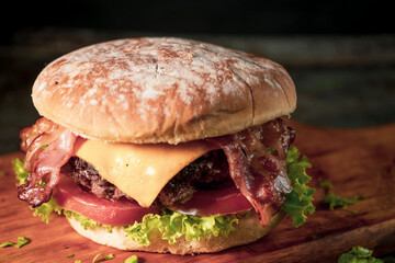 Tasty burger on rustic background
