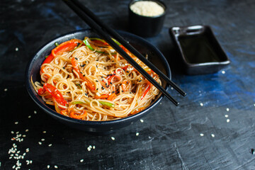 rice noodles with vegetables cellophane pasta second course food background top view copy space for text eating healthy