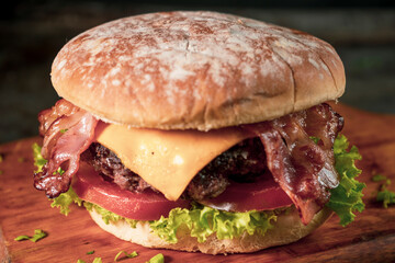Tasty burger on rustic background